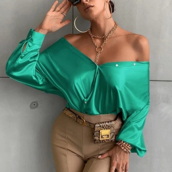 Button down Bishop Sleeve Shirt Blouse Green - Picture 3 of 6